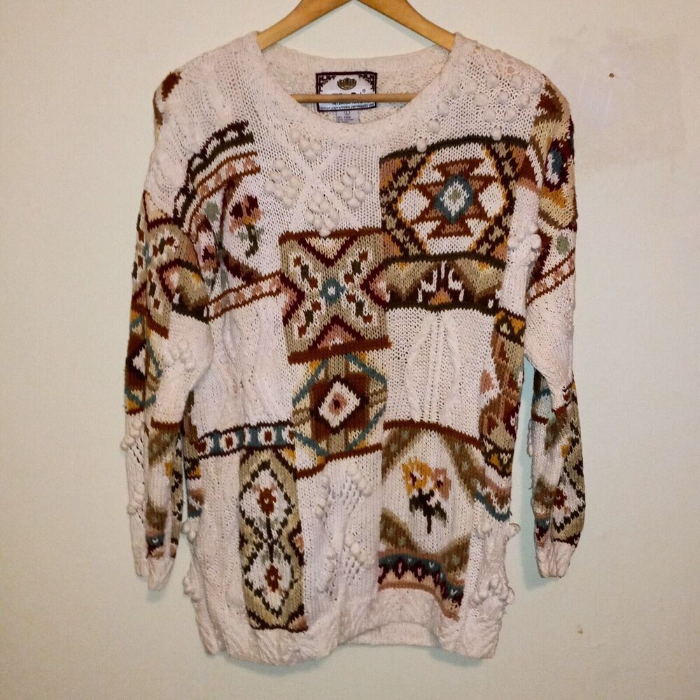 Vtg Tiara Chunky Knit Sweater-Large-Geometric-3D Embellishments-Shoulder Pads